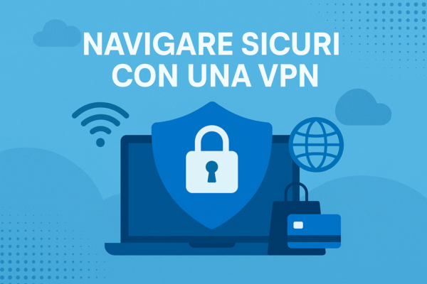 Un lucchetto davanti a un computer, affiancato da un sacchetto della spesa e una carta di credito. Sopra la scritta "navigare sicuri con una vpn"