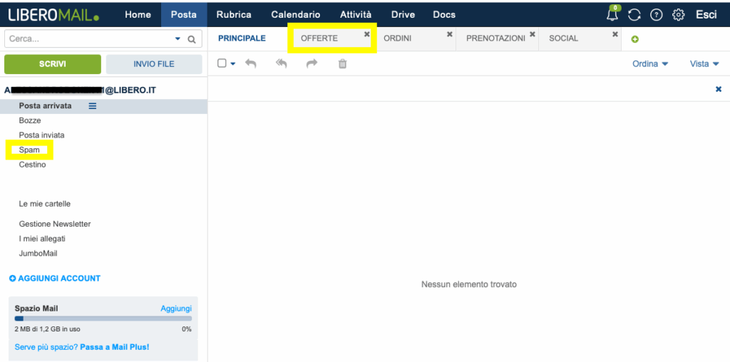 Libero mail e Virgilio mail: trovare le email di Bestshopping nella cartella "spam" oppure nella scheda "offerte"