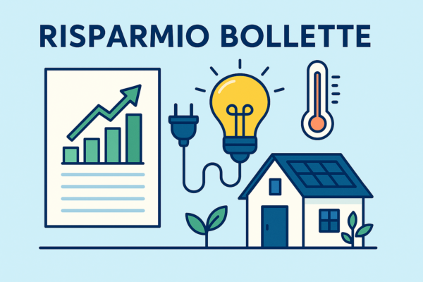 Una bolletta con un grafico verde in positivo. Una casa con pannelli solari, germogli ai lati e in vista le icone di una lampadina accesa e un termometro.